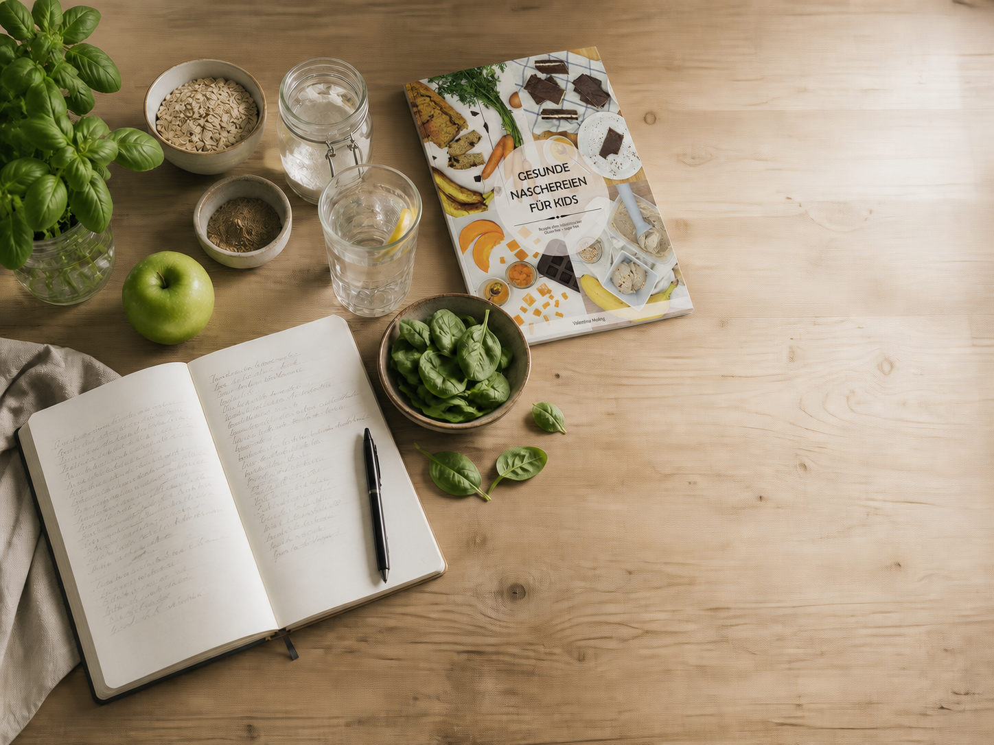 Notizbuch, frische Zutaten und das Buch Gesunde Naschereien für Kids auf einem Holztisch