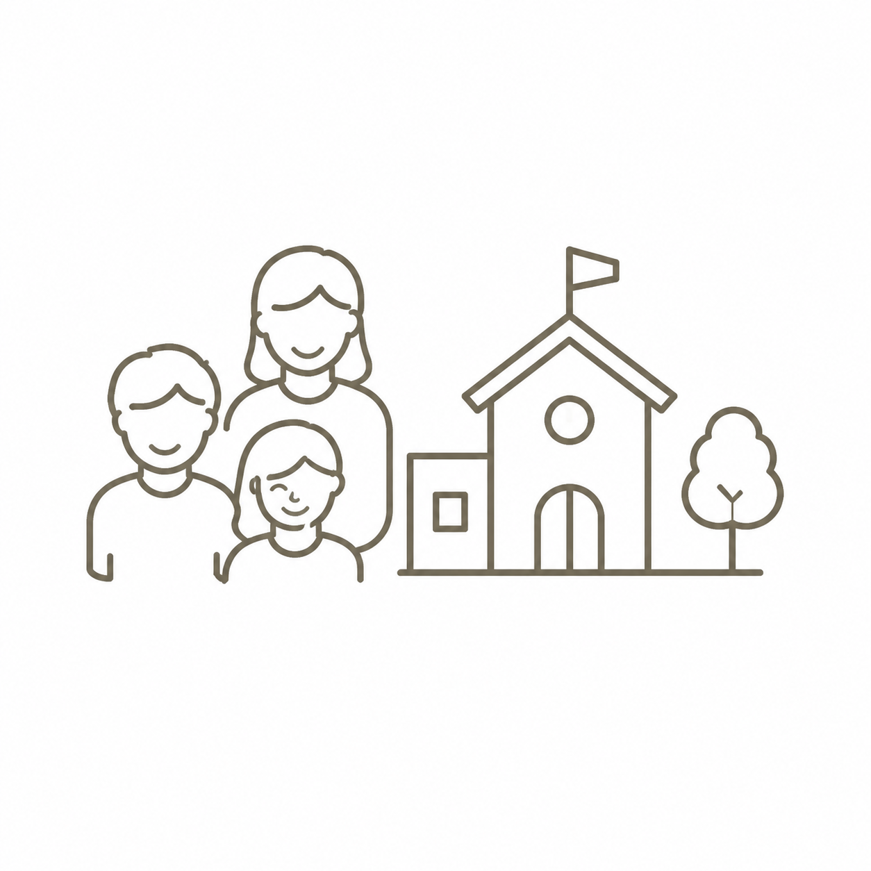 Illustration einer Familie neben Schule oder Kindergarten
