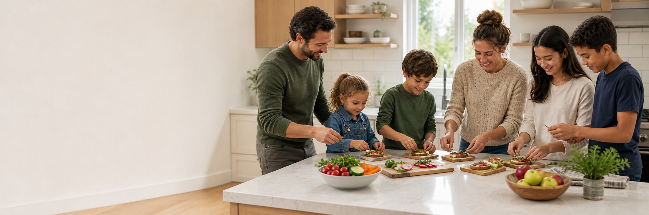 Bunter Tisch mit Obst, Gemüse und kleinen Snacks für Kinder