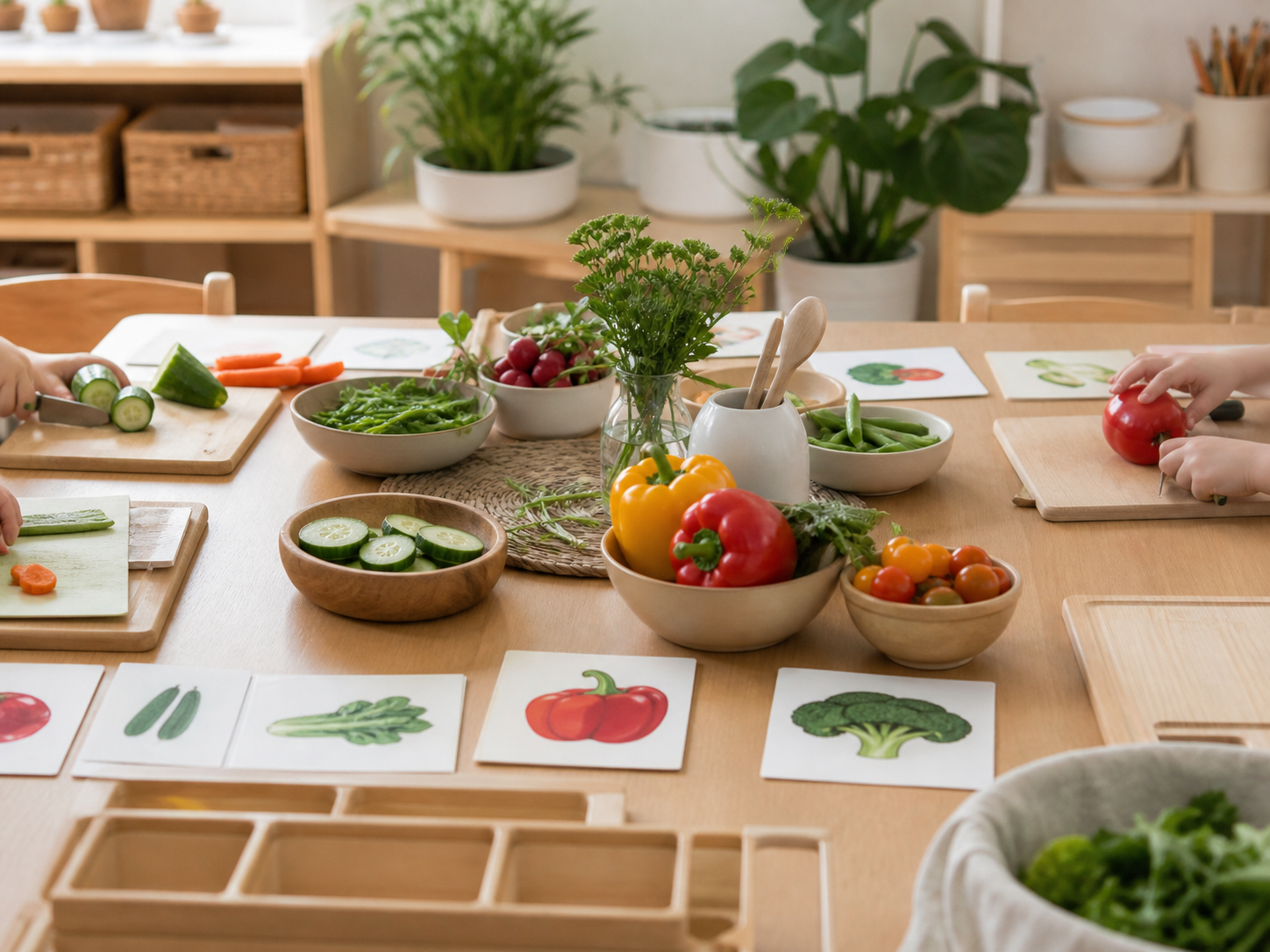Vorbereiteter Tisch für einen Ernährungsworkshop mit Kindern
