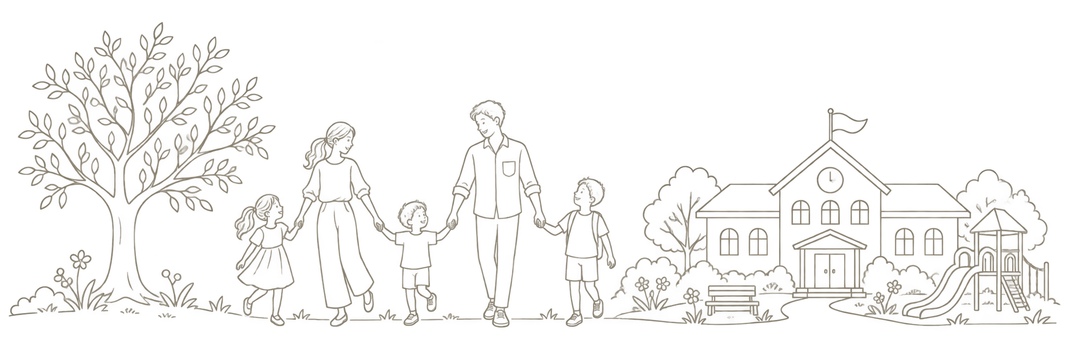 Feine Illustration einer Familie neben Schule und Spielplatz
